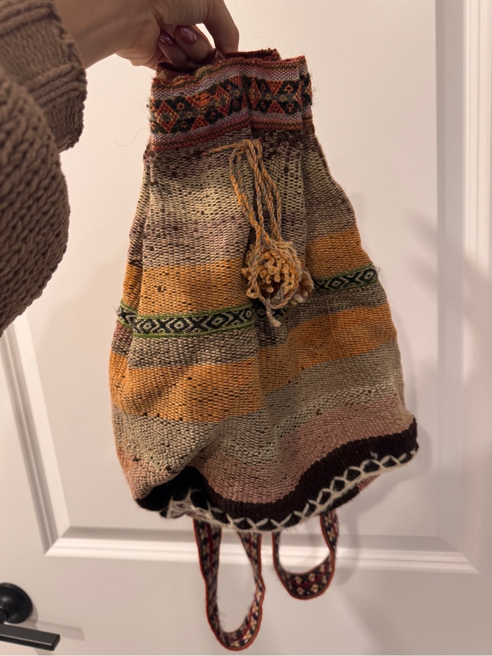 Peruvian Handwoven Boho Drawstring Backpack in Mustard and Cream